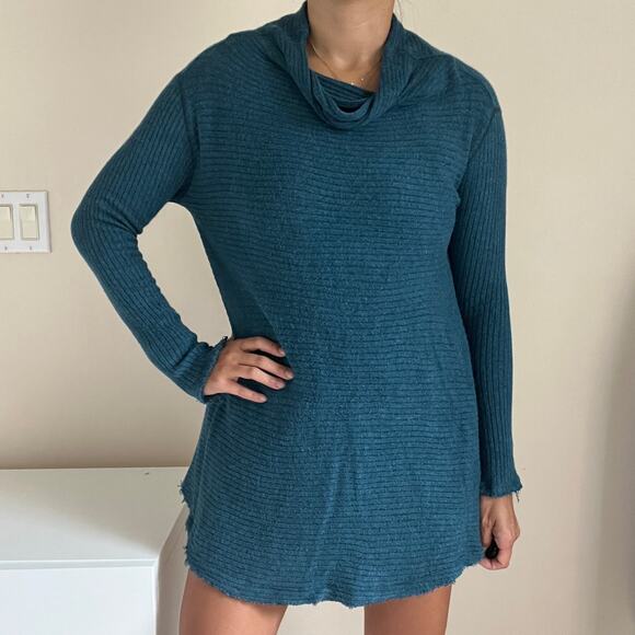 Free People We The Free Open Back Teal Blue Mock Neck Long Sleeve Sweater Size S - Picture 1 of 8